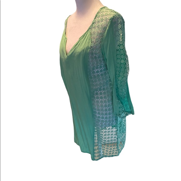 Solitaire Swim Sea Foam Green 3/4” Sleeve Above Knee Crochet Bathing Suit Cover - Picture 2 of 8